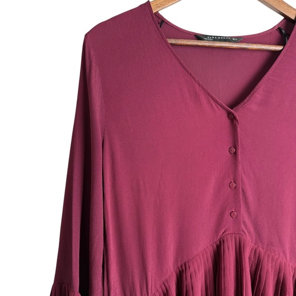Zara Woman Contrasting Pleated Tunic Dress Burgundy Size S Bell Sleeves V Neck - Picture 6 of 11